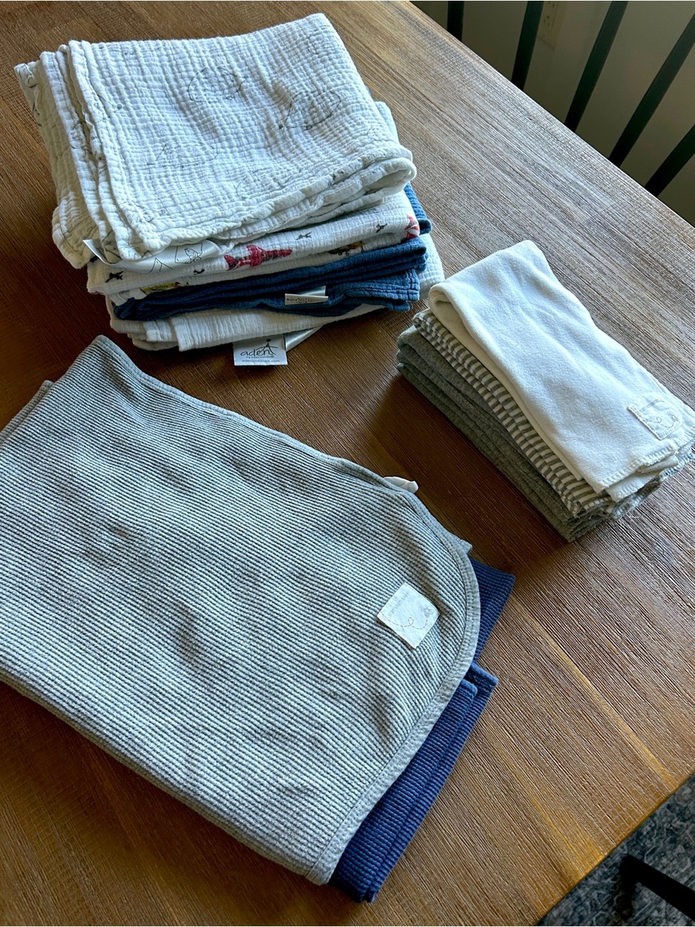 Lot of muslin swaddle blankets, burp cloths and waffle blankets, EUC